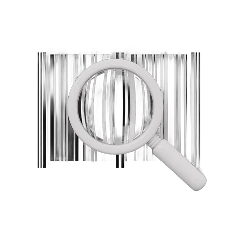 Magnifying glass inspecting barcode graphic element for product scanning and verification PNG