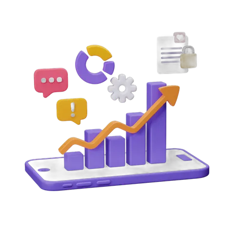 Mobile analytics dashboard with growth chart icons for business success and secure communication PNG