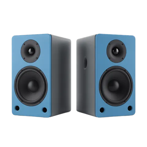Modern blue and black studio speakers for home audio system setup PNG