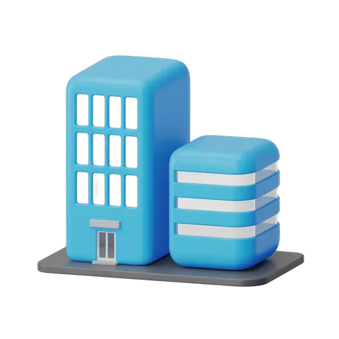 Modern blue office building and server rack clipart for business presentations and website graphics PNG