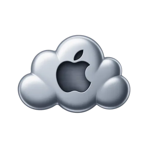 Modern metallic cloud icon with apple logo cutout for tech branding and app design PNG