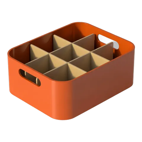 Modern orange utensil holder with nine slots for kitchen organization and storage PNG