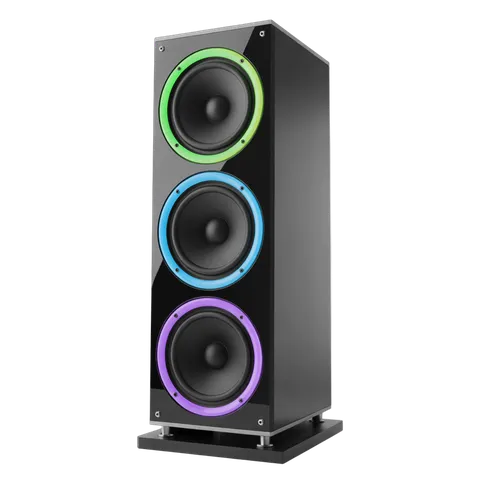 Modern three way speaker with neon ring accents isolated clipart graphic PNG