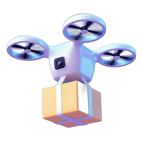 Modern white drone delivering package on golden box with transparent background PNG