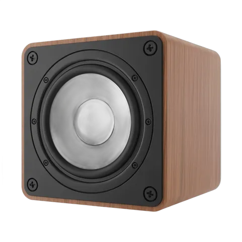 Modern wooden speaker with metallic woofer for home audio system design PNG