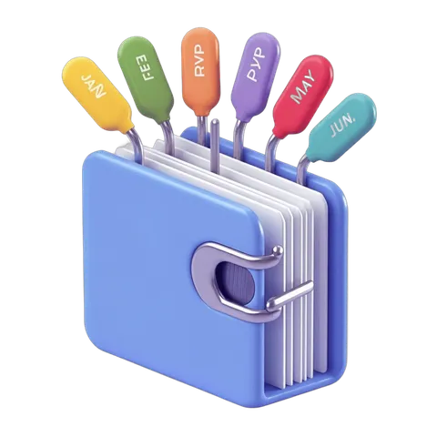 Monthly calendar binder clipart with color-coded labels for organization and planning PNG