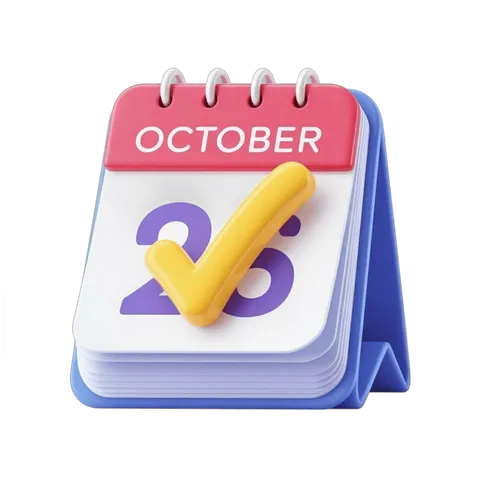 October 26th marked date calendar page with checkmark graphic element for event planning and reminders PNG