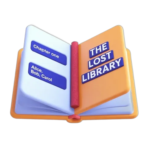 Open book with chapter one and lost library title for book cover design and publishing graphics PNG