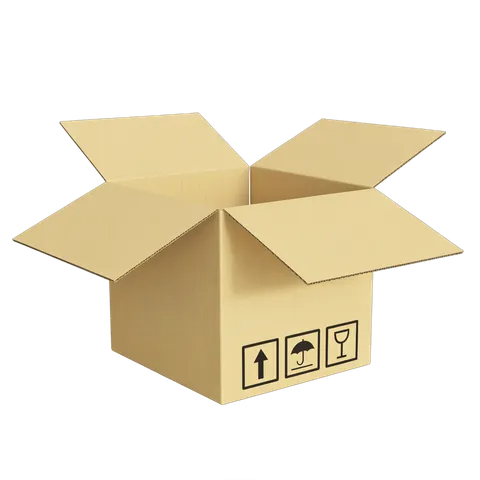 Open cardboard box with fragile liquid and handling icons for shipping packaging design PNG