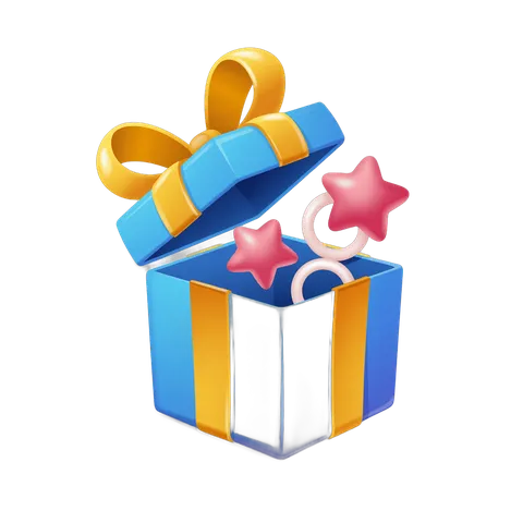 Open gift box with stars and ribbon for celebration party decoration and presentation PNG