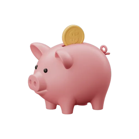 Pink piggy bank clipart with gold coin saving money isolated transparent background PNG
