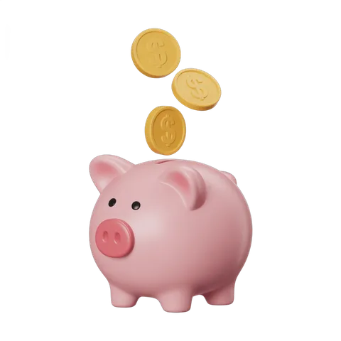 Pink piggy bank receiving gold coins floating in isolated transparent background clipart PNG