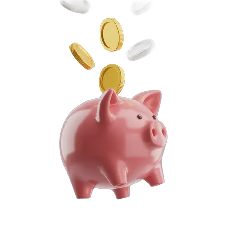 Pink piggy bank receiving gold coins floating in isolated transparent background PNG