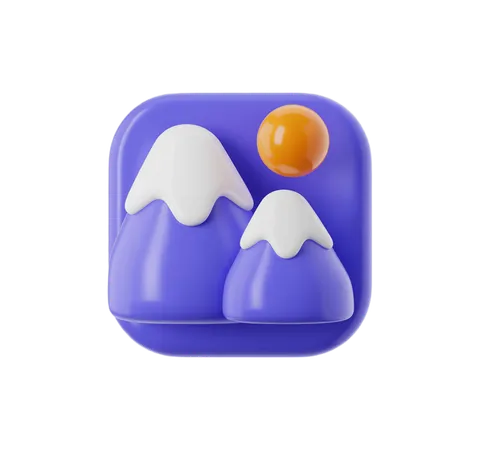 Playful 3D clipart mountains with orange sun for children's educational materials and apps PNG