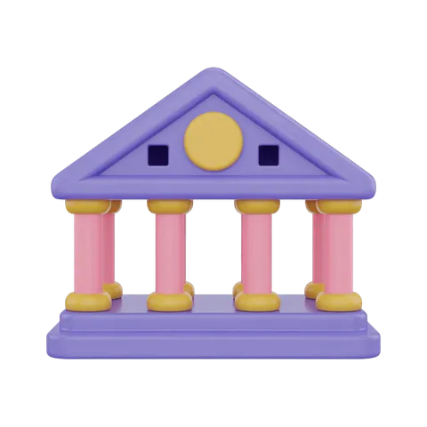 Playful cartoon building with columns and yellow circle window for children educational materials PNG