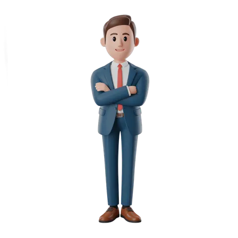 Professional cartoon businessman in suit standing confidently with arms crossed for business presentations and corporate graphics PNG