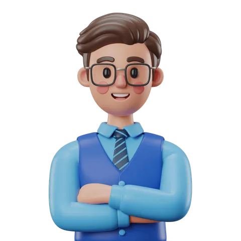 Professional cartoon businessman with glasses smiling confidently for corporate presentations and business graphics PNG