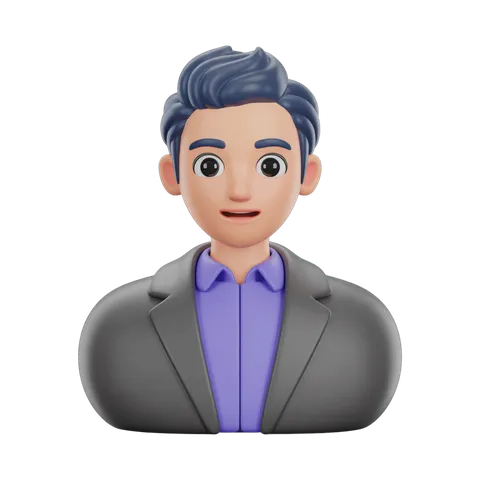 Professional cartoon man in gray suit purple shirt for business presentations and corporate graphics PNG