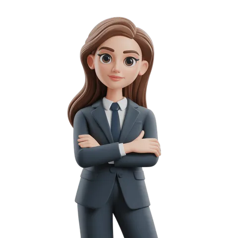 Professional cartoon woman in business suit with arms crossed for corporate presentations and branding PNG