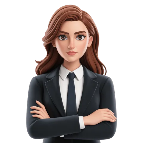 Professional cartoon woman in business suit with arms crossed for corporate presentations and branding PNG