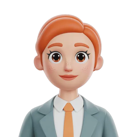 Professional cartoon woman with red hair in gray suit and orange tie for business presentations and corporate graphics PNG