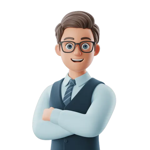 Professional smiling businessman with glasses in light blue vest and tie for corporate presentations and branding PNG