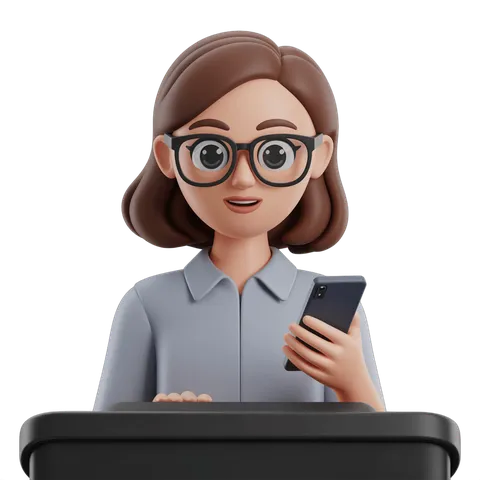 Professional woman with glasses using smartphone at modern workspace for business presentations PNG