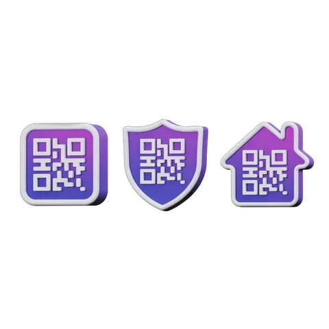 Purple qr code icons with security shield and house shape for digital marketing and real estate branding PNG