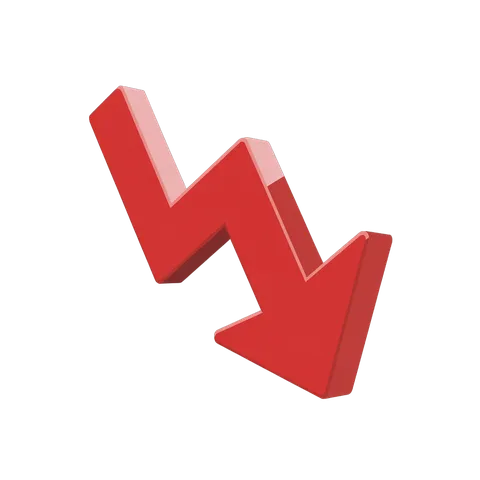 Red downward arrow graphic element for business presentations and financial reports PNG