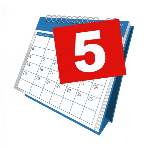 Red five number badge on open monthly calendar page with dates visible PNG