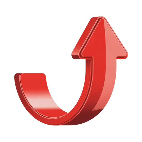 Red upward curved arrow isolated graphic element for presentations and marketing materials PNG