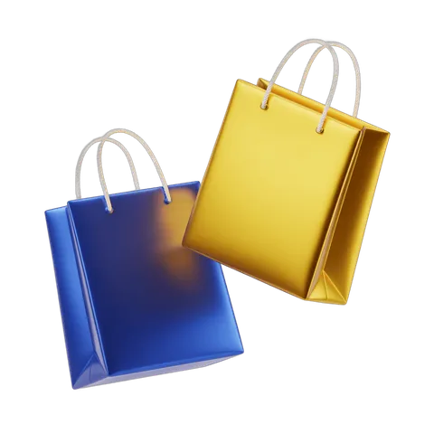 Shiny gold and blue shopping bags clipart for ecommerce marketing and holiday promotions PNG