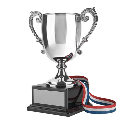 Silver trophy cup with ribbon for award ceremony presentation and winner recognition PNG