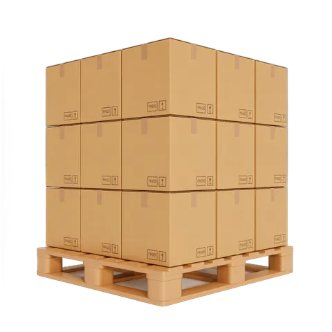 Stacked brown cardboard boxes on wooden pallet ready for shipping and logistics operations PNG