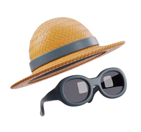 Stylish straw fedora hat with black sunglasses isolated graphic for summer fashion branding PNG
