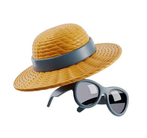 Stylish straw sunhat with dark blue band and matching sunglasses for summer beach vacation outfits PNG