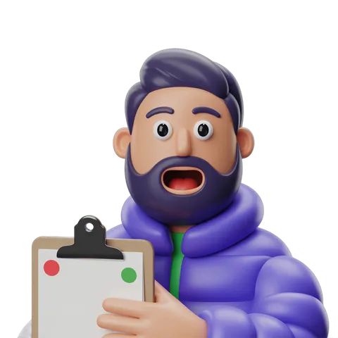 Surprised bearded man holding clipboard with red and green checkmarks for approval or decision making PNG