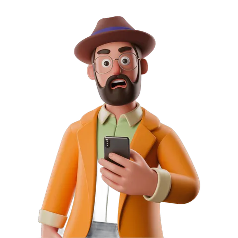 Surprised man in explorer outfit looking at smartphone with shocked expression PNG