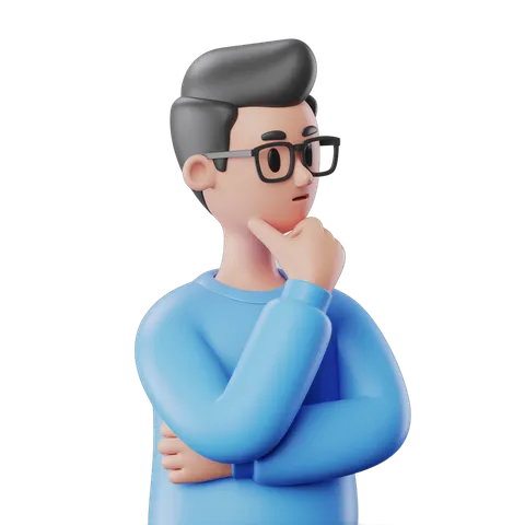 Thoughtful young man in glasses posing with hands on chin for business and education presentations PNG