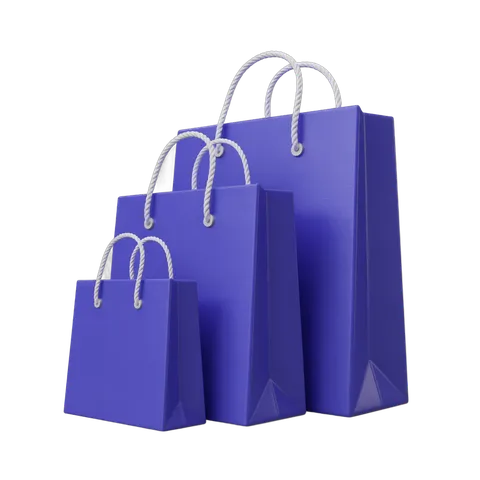 Three blue shopping bags with handles stacked for retail marketing and ecommerce product display PNG