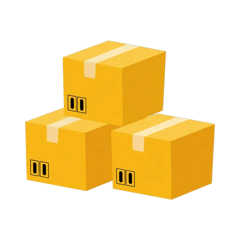Three identical yellow delivery boxes with handles stacked for ecommerce packaging illustration PNG
