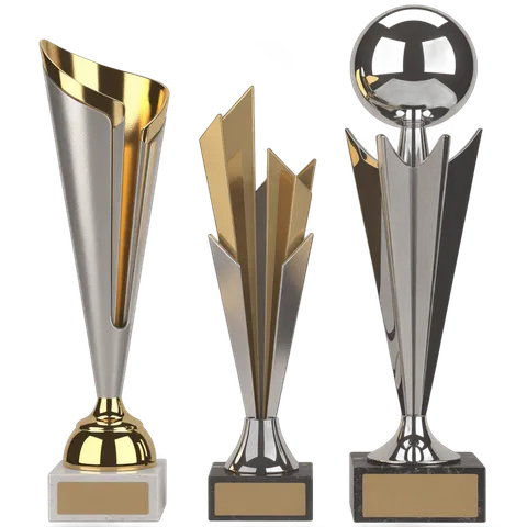 Three metallic trophy icons for awards ceremony presentation and winner recognition design PNG