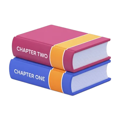 Two colorful hardcover books labeled chapter one and two stacked for educational content design PNG