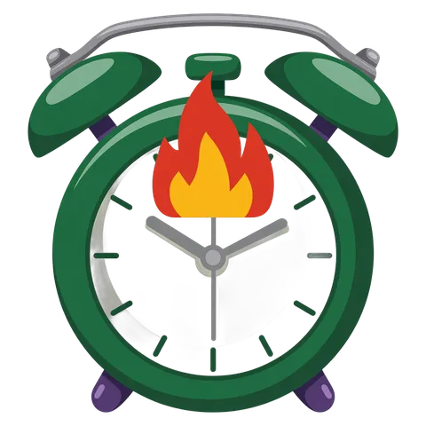 Urgent fire alarm clock with burning flame graphic for emergency alerts and time management designs PNG