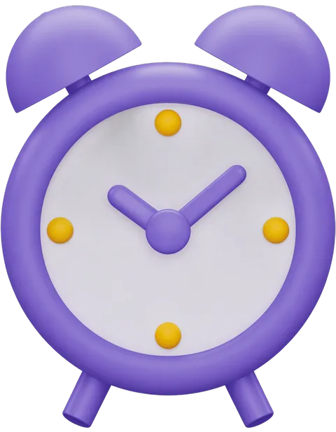 Vibrant purple alarm clock clipart with yellow dots for time management and productivity designs PNG