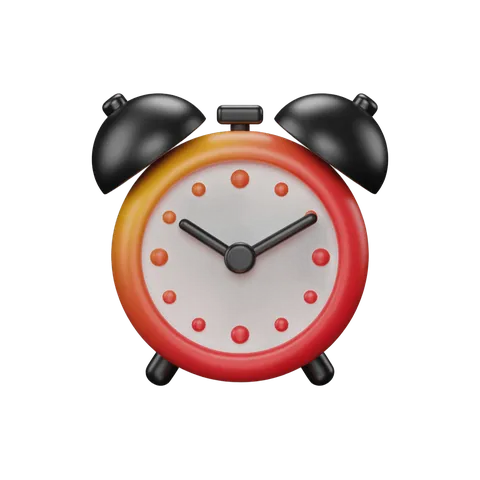 Vibrant red alarm clock with black hands and bells isolated on transparent background for digital designs PNG