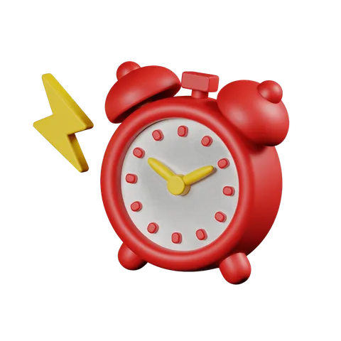 Vibrant red alarm clock with lightning bolt graphic for urgency and productivity designs PNG