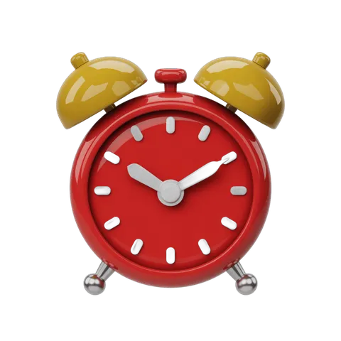 Vibrant red alarm clock with yellow bells isolated on transparent background for graphic design PNG