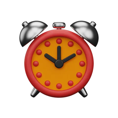 Vibrant red alarm clock with yellow face and black hands isolated on transparent background PNG