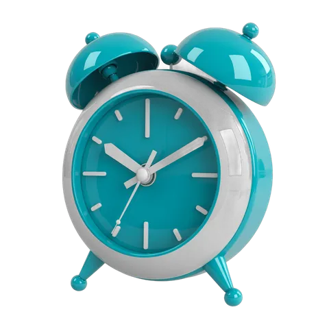 Vibrant turquoise alarm clock with bells isolated on transparent background for digital design projects PNG
